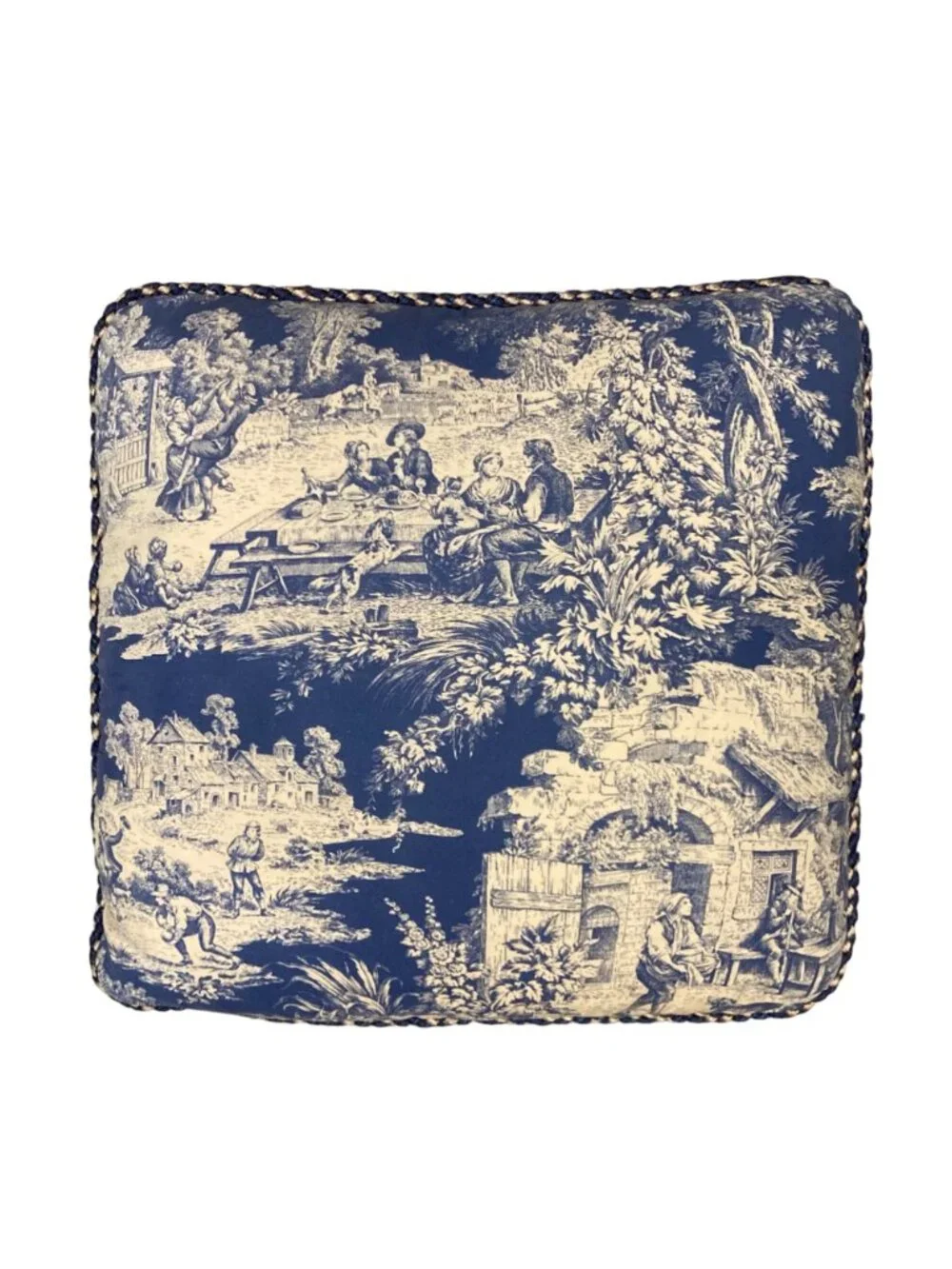 Vintage French Country Blue & White Toile Cushion Pillow With Down Fill